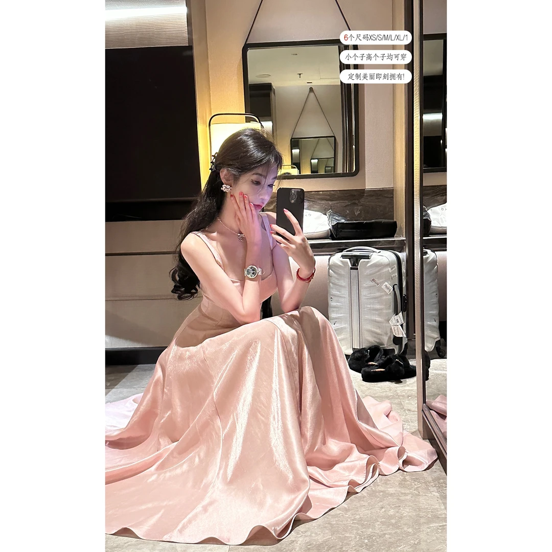 闪光重磅缎粉色公主裙千金连衣长裙1031
