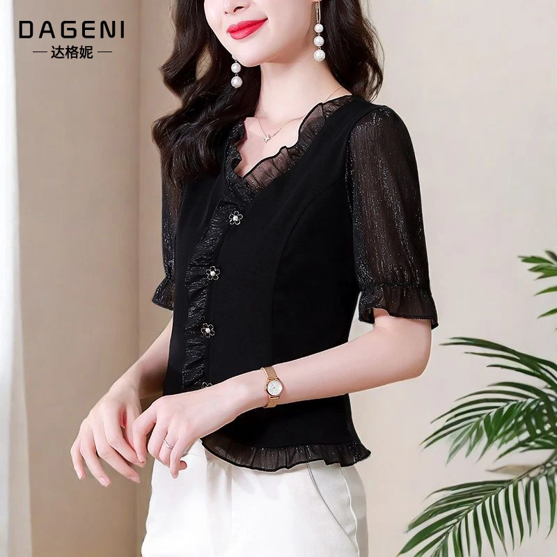 V领木耳边蕾丝拼接上衣女短袖t恤夏季2025新款时尚别致漂亮小衫潮