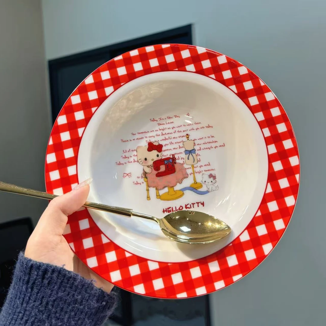 【圆和圈】出口尾单 格纹小猫红色深盘 陶瓷甜品盘 高温陶瓷