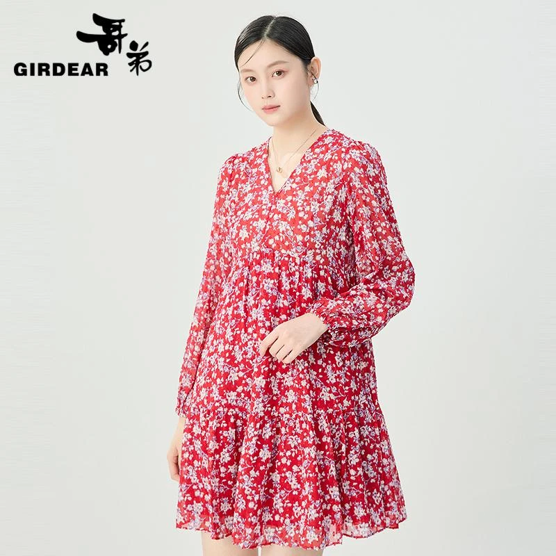 GIRDEAR/哥弟2025早春新款V领浪漫印花显瘦碎花长袖连衣裙 150002