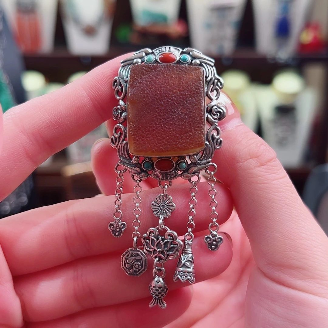 琥珀银S925镶嵌戒指/指环锦钰原创设计戒指