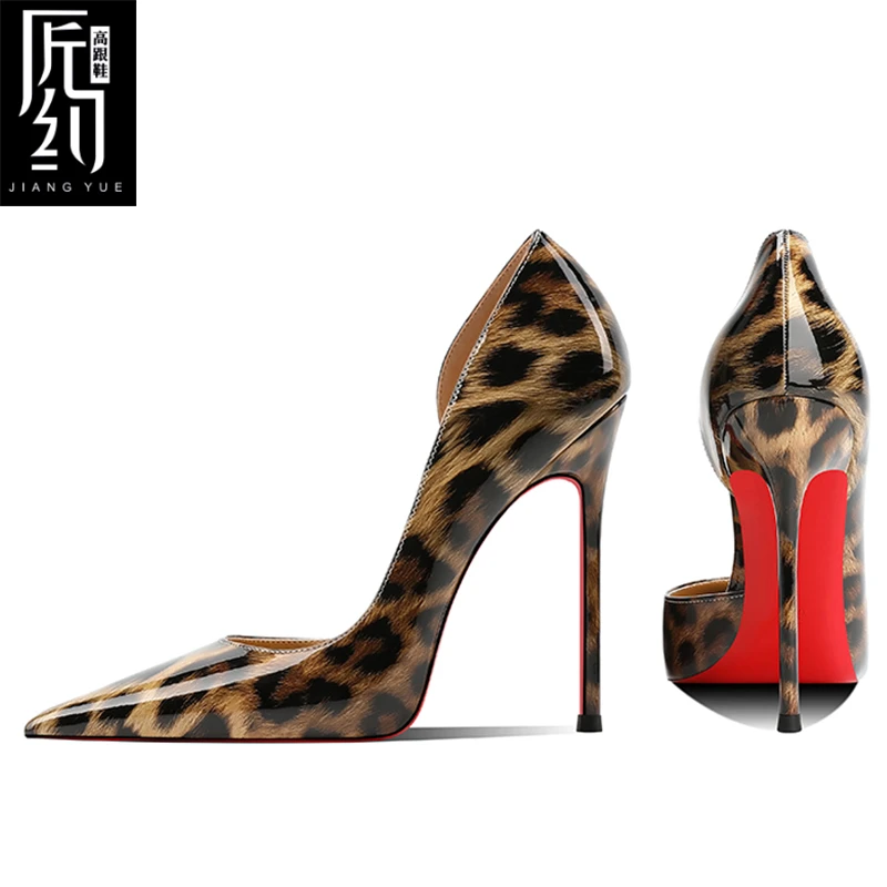 匠约25年新款豹纹漆皮红底侧空高跟鞋女尖头细跟浅口性感宴会单鞋