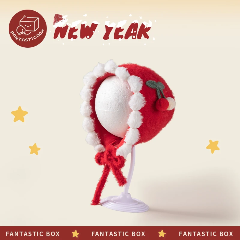 冬季新款时尚婴儿红色氛围感可爱百搭樱桃双球保暖护耳帽毛绒帽