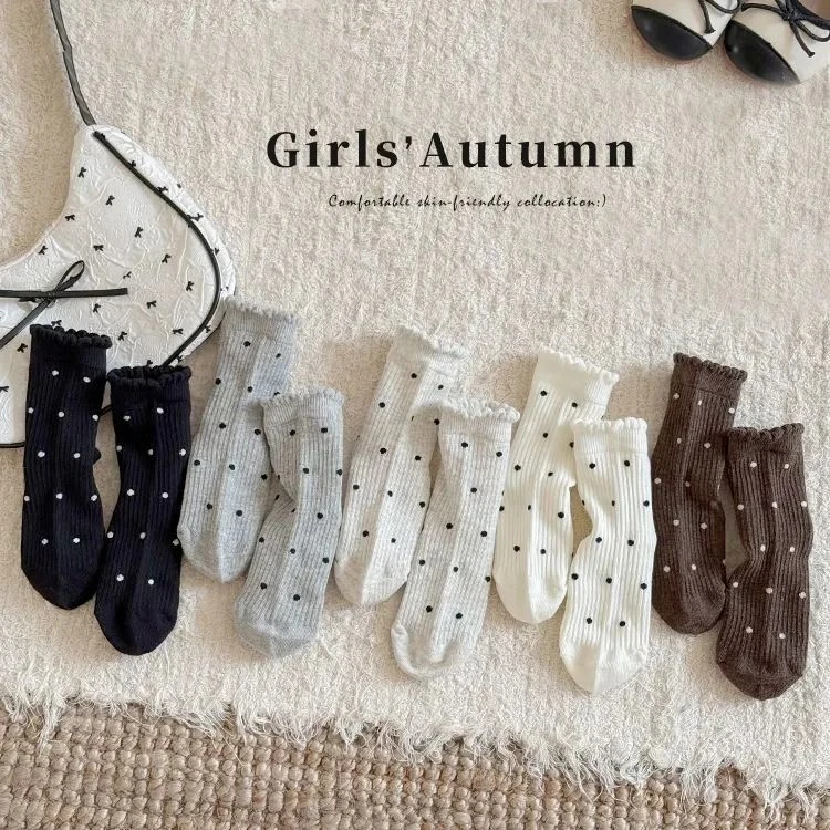 女童袜子秋季春秋中筒黑白韩版波点花边公主棉袜儿童女孩中大童