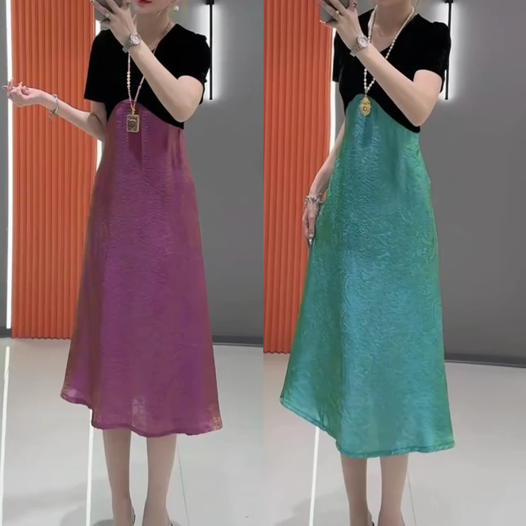 时尚气质连衣裙女2025夏季新款V领短袖丝绒拼接假两件连衣裙23629
