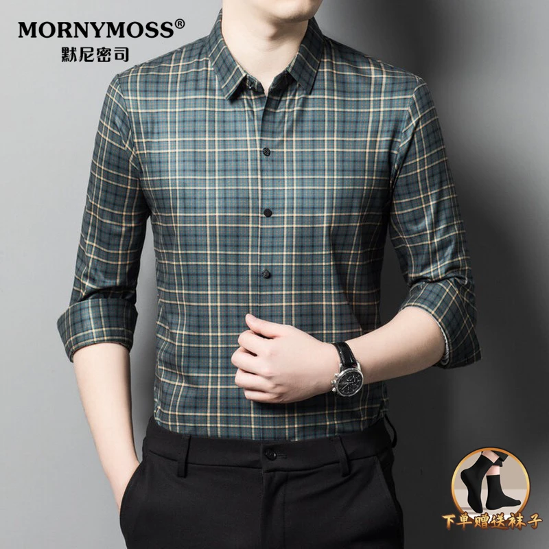 春季商务休闲西装中年爸爸装通勤袖衬衫男经典内搭格子衬衣男士