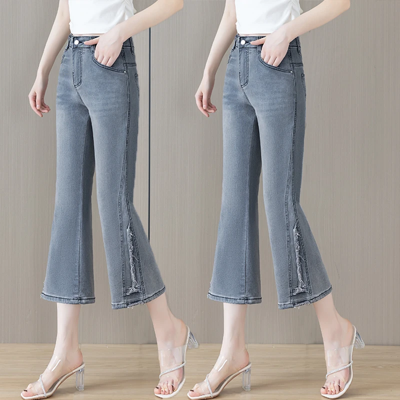 烟灰色小个子女裤夏季薄款2025新款八九分微喇叭牛仔裤女高腰牛仔