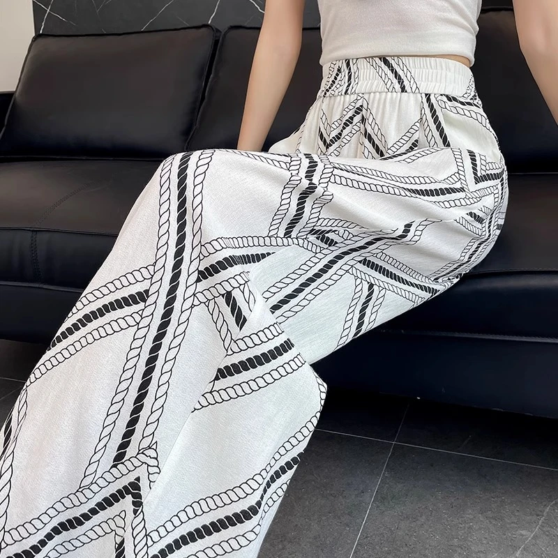 复古印花冰丝亚麻阔腿裤女夏季2025薄款高腰宽松垂感拖地裤子