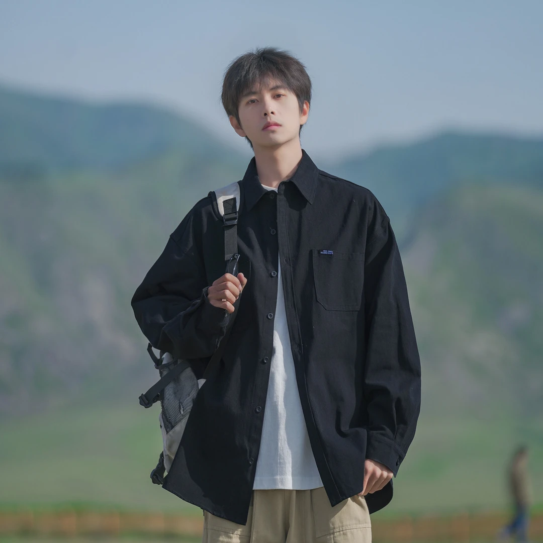 黑色工装长袖衬衫男士春秋休闲百搭衬衣男装外套男款日系纯色外穿