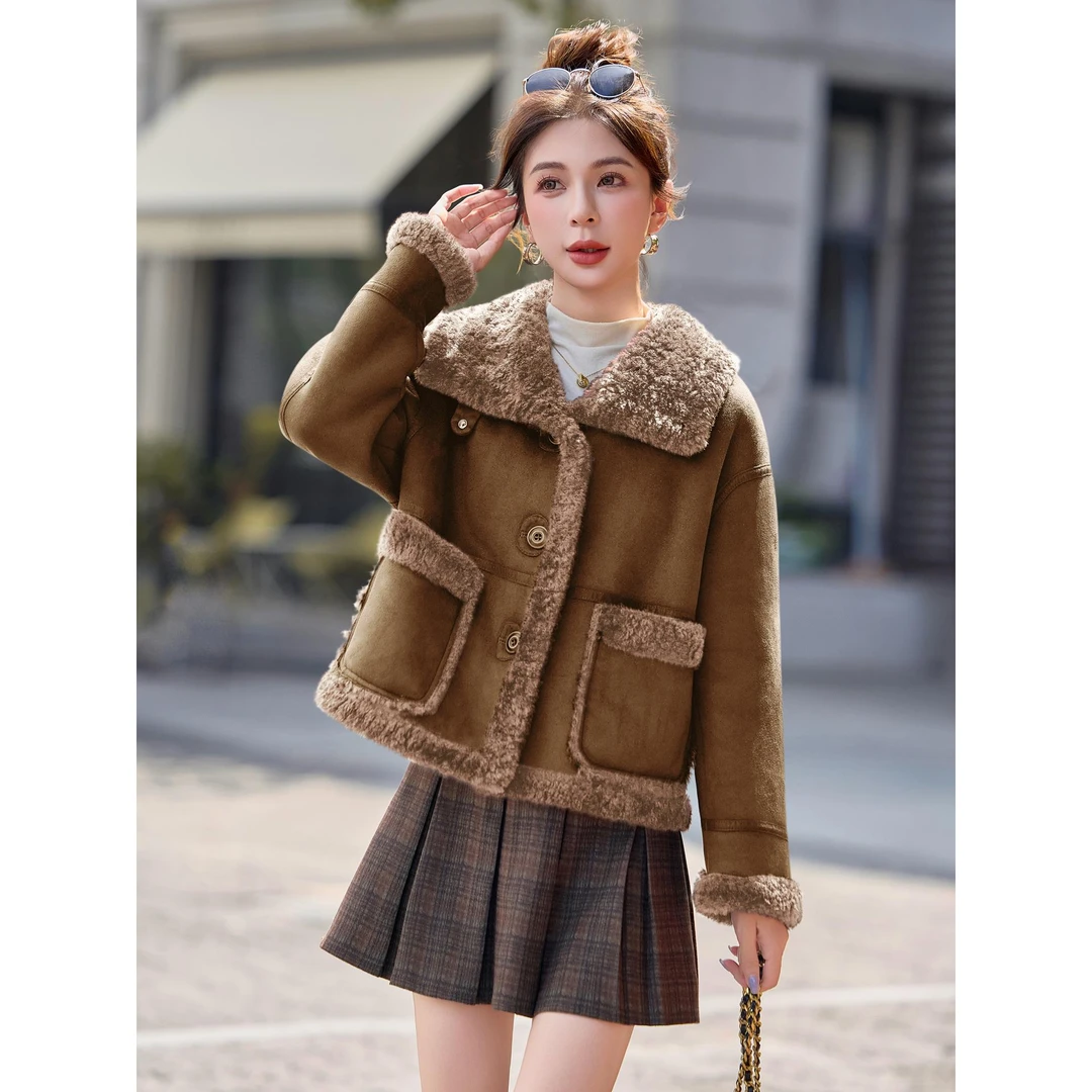 高端皮毛一体短外套女2025冬季新款双面穿加厚保暖毛上衣