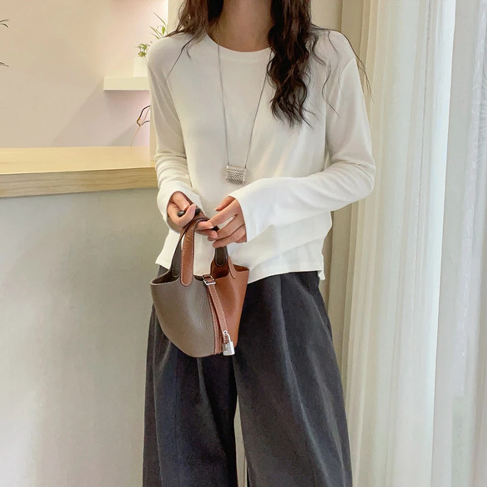 棉质圆领长袖套头T恤衫秋季新款纯色简约减龄休闲复古基础款上衣