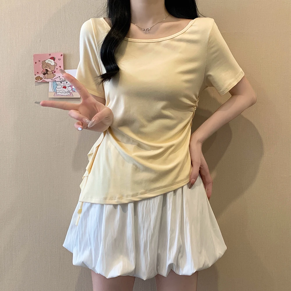 JJ029大码2025夏季女装新款显瘦荷叶边抽绳收腰修身短袖T恤上衣