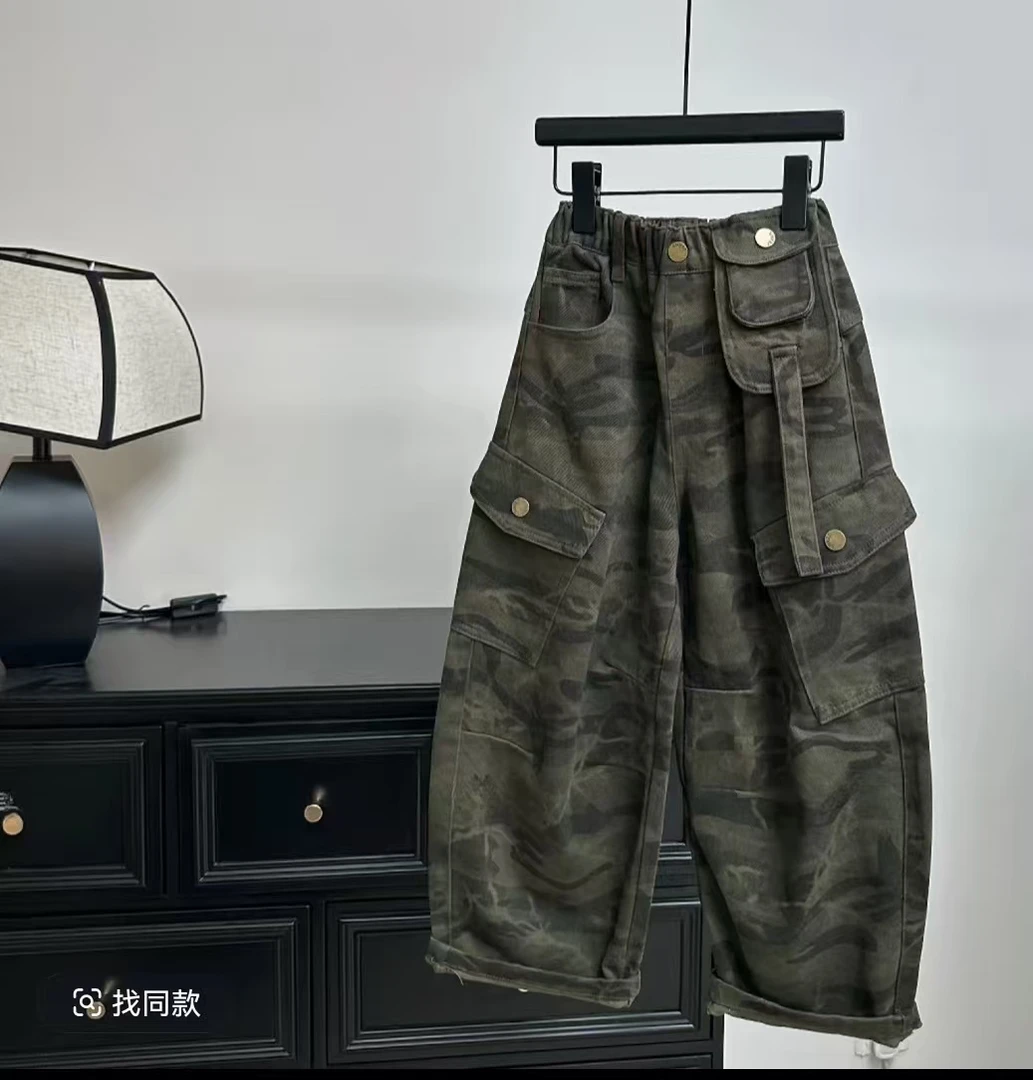 纯棉品质休闲伞兵工装迷彩长裤男女中大童痞帅休闲潮酷宽松弯刀裤