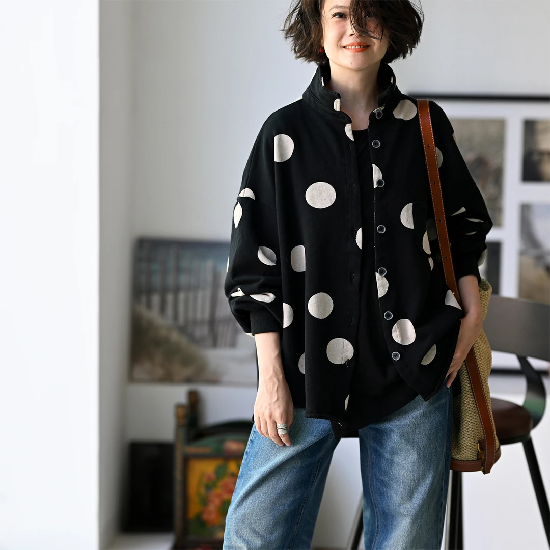 W17268 休闲文艺衬衫式纯棉宽松开襟春秋百搭波点外套女 米兰宣言