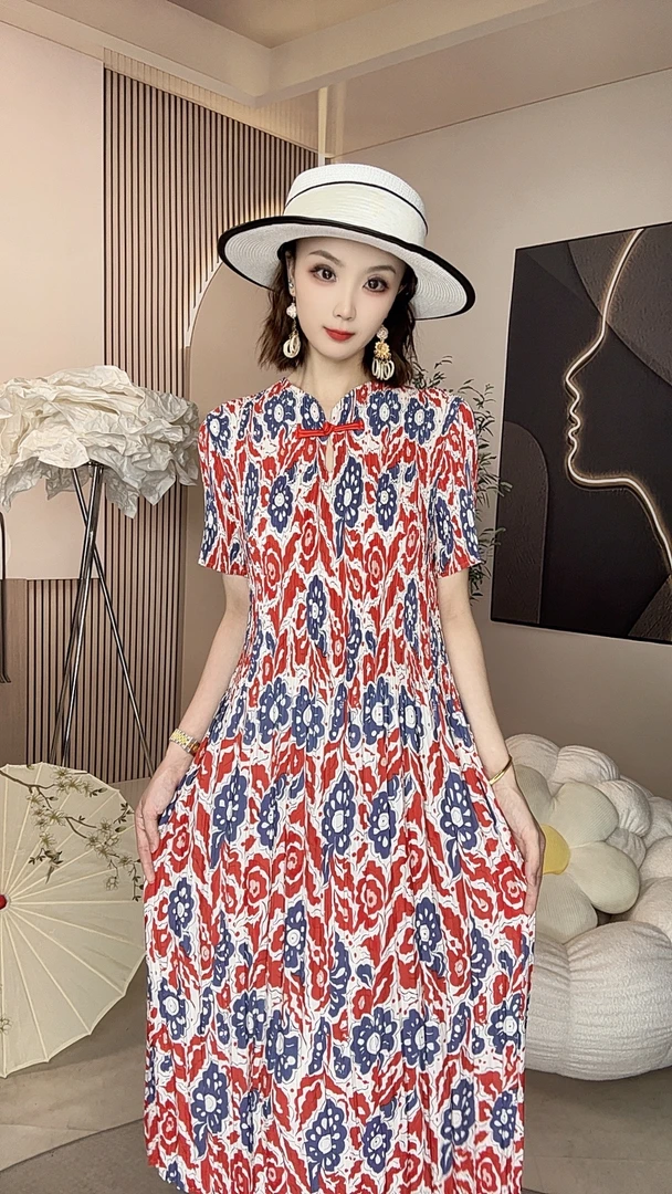 054号独特漂印花短袖连衣裙女2025夏季新款高级感复古时旗袍领
