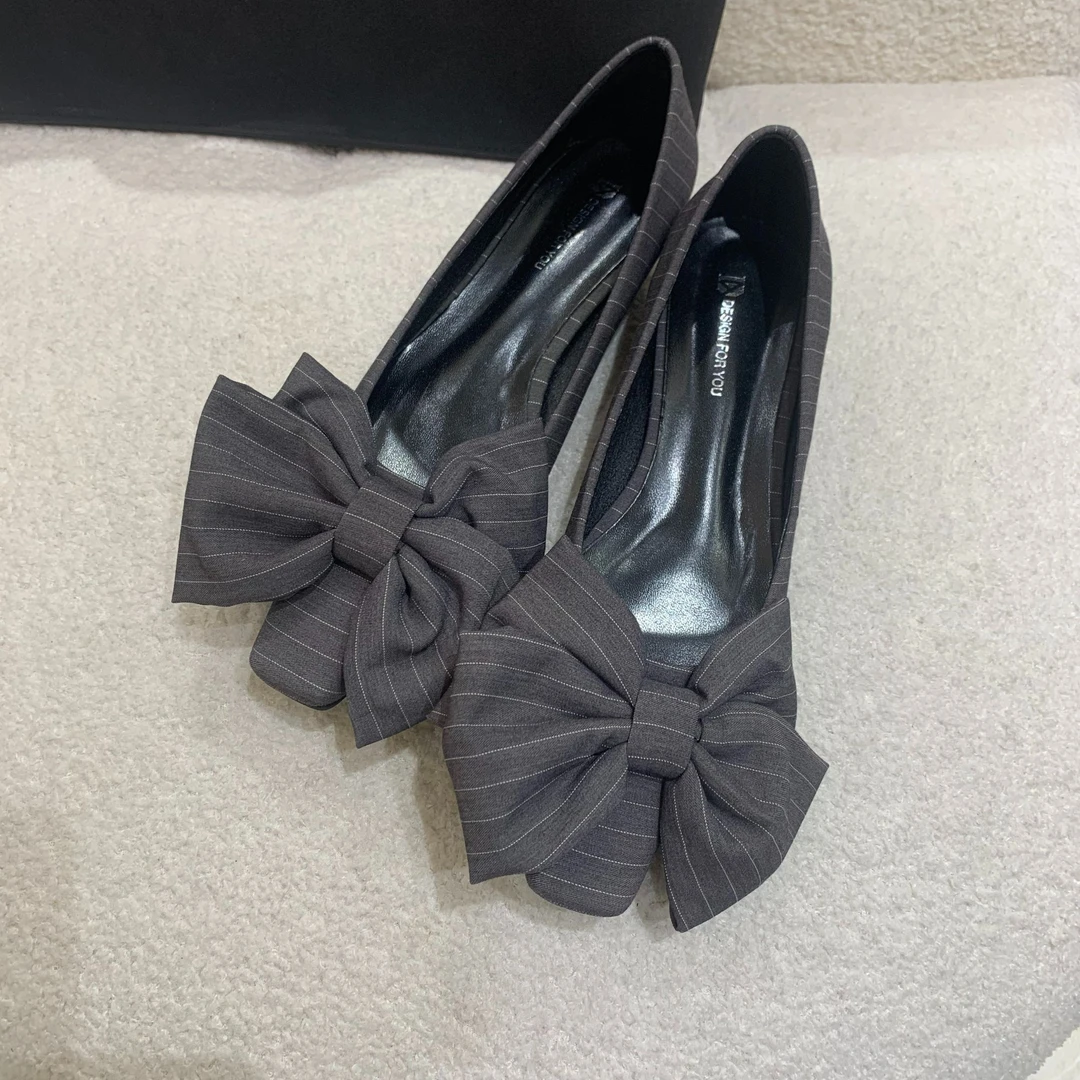 条纹瓢鞋单鞋平跟蝴蝶结时尚平底鞋鞋子浅口春季