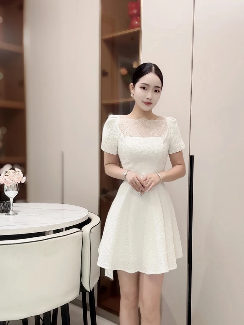 【娟姐】纯色高腰泡泡袖短裙时尚婚纱白色不褪色连衣裙名媛21678