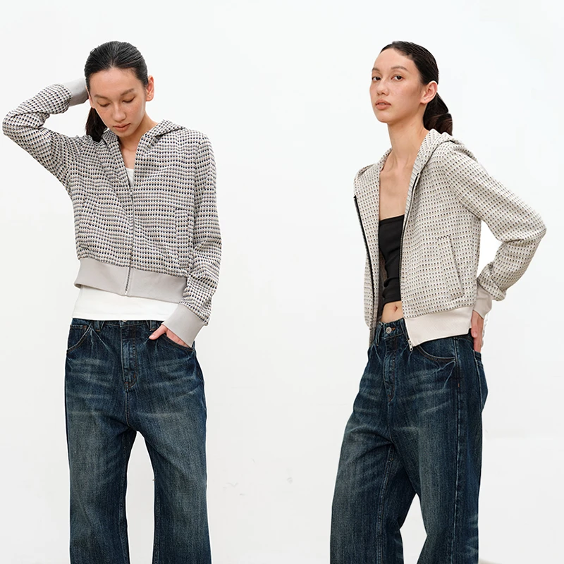 JCAESAR WOMEN 小花连帽卫衣 像素提花面料 修身 微露腰线 双色