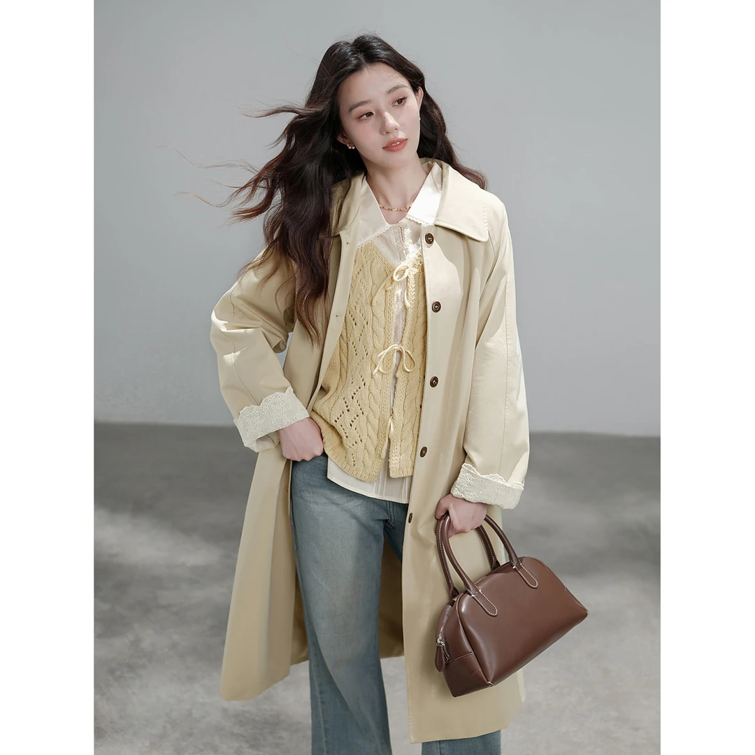 木易易蕾丝拼接中长款风衣女款2025新款秋季小个子卡其色大衣外套