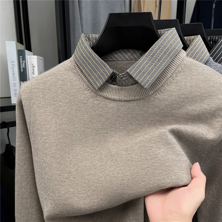 【专柜品质】高档男士羊毛衫冬季加厚假两件衬衫领百搭针织衫毛衣男