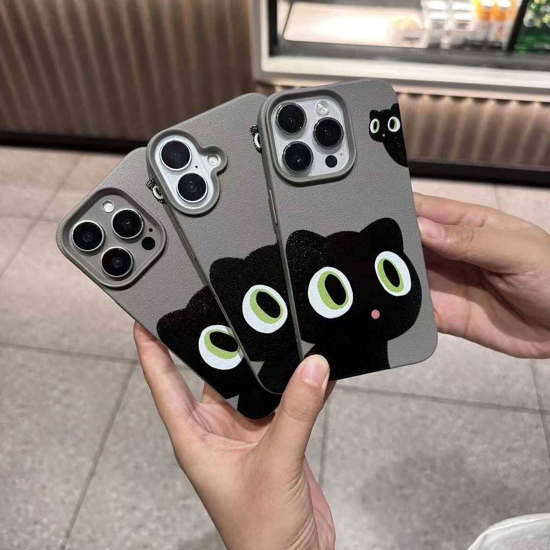 对望黑猫适用于苹果14手机壳iPhone15/11皮纹壳13软防摔17/16pro