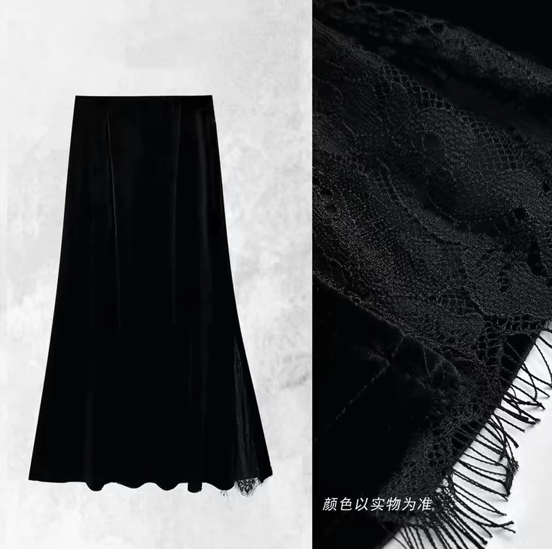 秋冬A字极简风秋季百搭纯色蕾丝鱼尾半身裙蕾丝春季