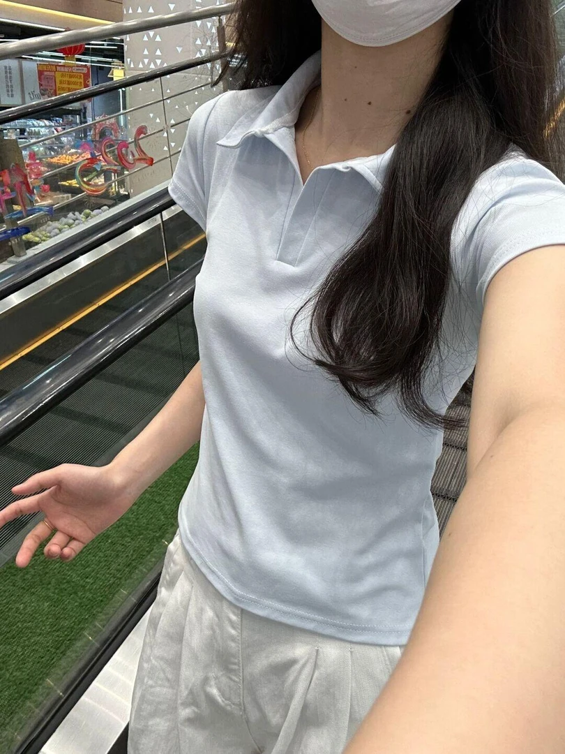 2025新款正肩polo衫t恤女夏季短袖美式复古修身收腰显瘦百搭上衣
