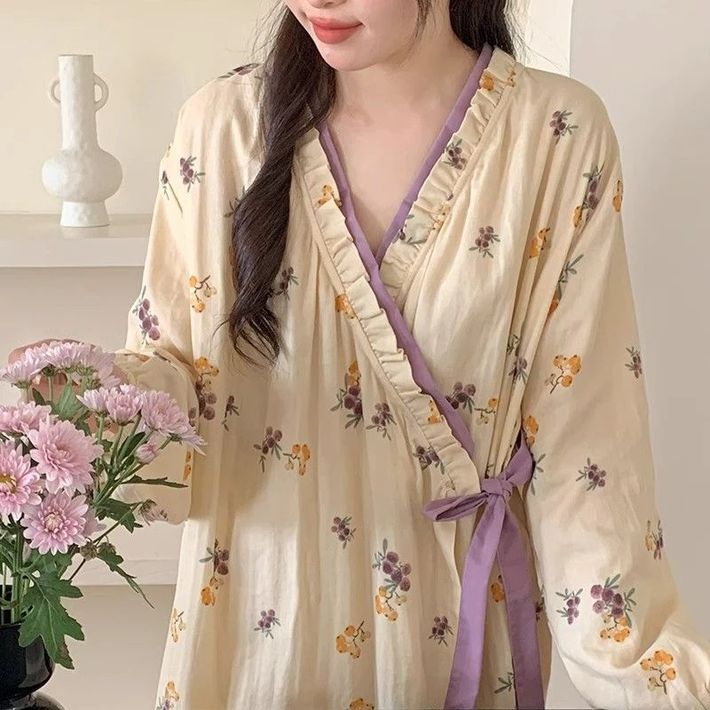 春秋季卡通芙蓉花睡衣女国风中长款睡袍薄款宽松孕妇大码系带浴袍