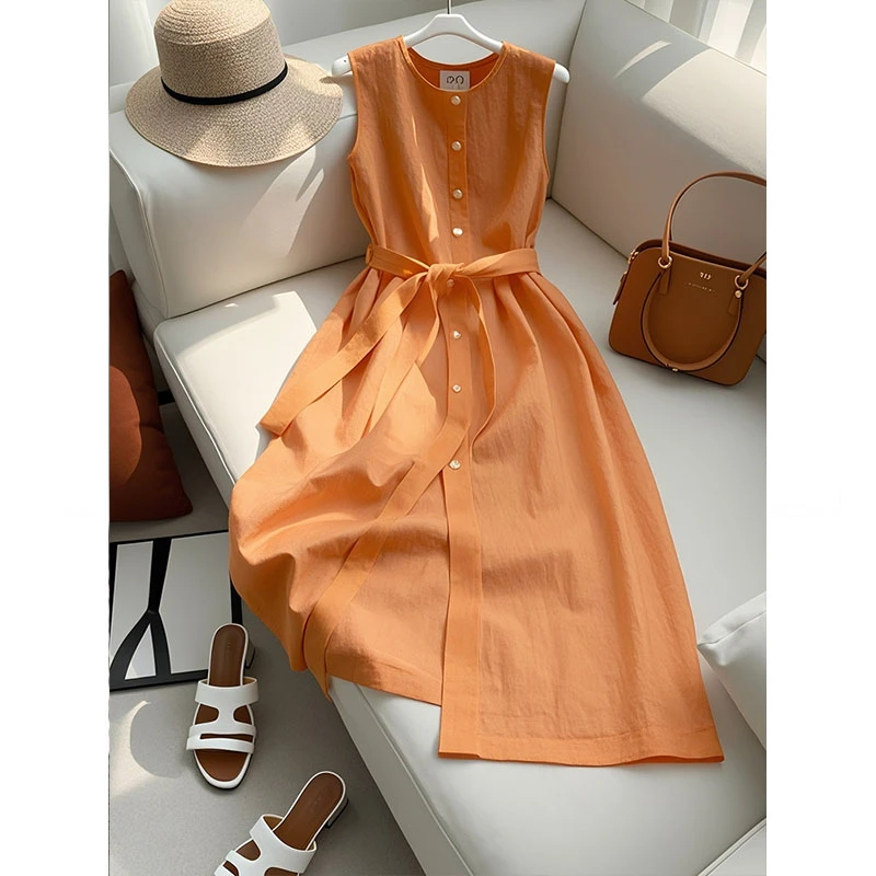 法式高端橘色无袖背心连衣裙夏季2025新款冷淡系独特别致裙子