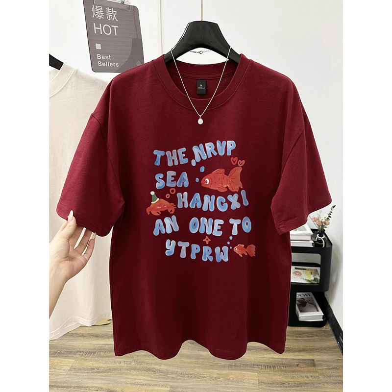 2025春夏季纯棉大码短袖T恤女装潮流时尚字母小鱼印花中长款上衣