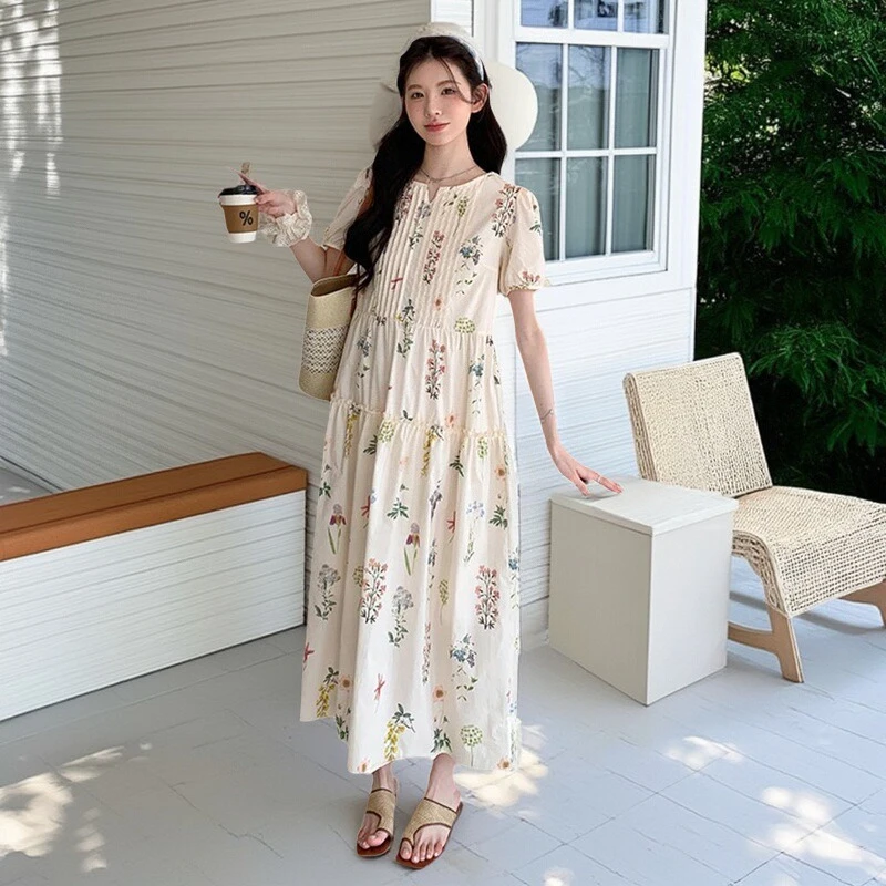 孕妇装夏季温柔风中长款连衣裙时尚泡泡袖撞色宽松显瘦小众碎花裙
