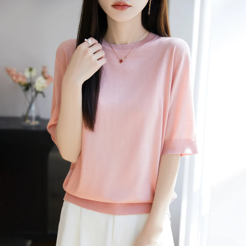 2025年夏季简约通勤圆领短袖针织时尚百搭薄款宽松显瘦针织衫