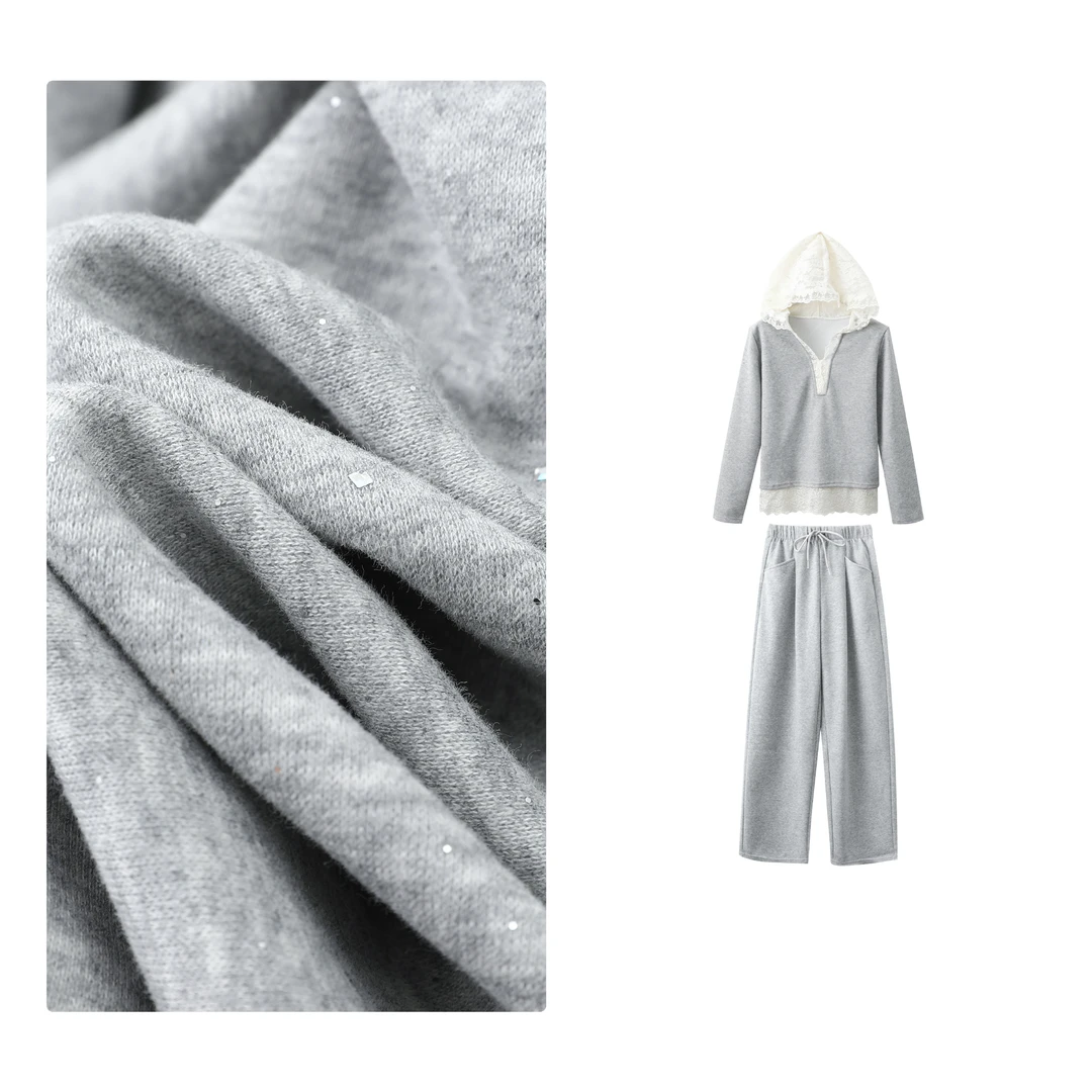 B 门店49&9！星河套装」松弛感蕾丝拼接连帽卫衣休闲裤两件套C23379