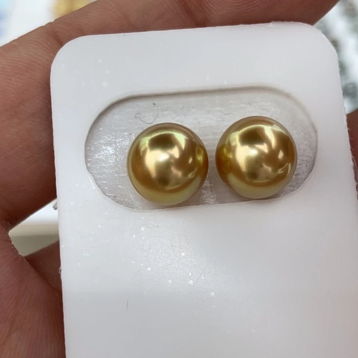 海水珍珠未镶嵌裸珠9.5mm浓金金绿色小极光对珠