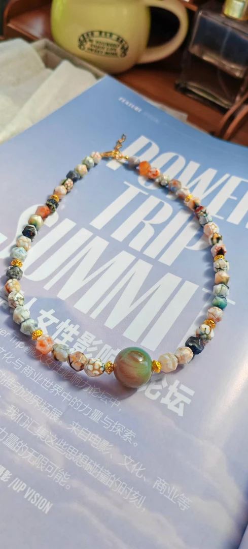 铜合金石英石项链 奶皮色古风项链孤品原创设计