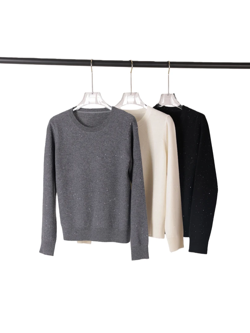 ANGELIAORIGINAL羊毛带细闪亮丝珠片圆领时尚显瘦羊毛衫上衣#1114