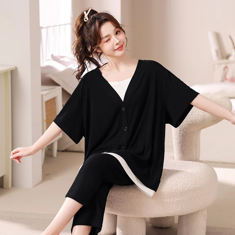 春夏季薄款大码睡衣女士纯色家居服套装短袖七分裤宽松休闲两件套