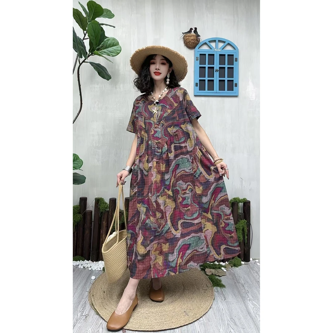 5074夏季新款清凉气质时尚复古遮肚宽松女显瘦百搭圆领休闲连衣裙