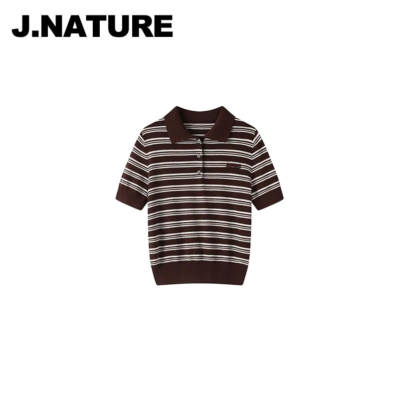 JUST NATURE ｜复古条纹POLO领轻薄混纺针织衫女