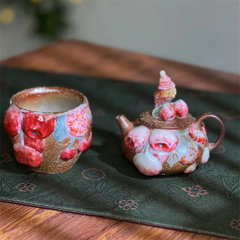 【茗器堂-禾木柴烧】 140ml 鹦鹉苹果茶壶杯组115号 柴烧宝瓶壶