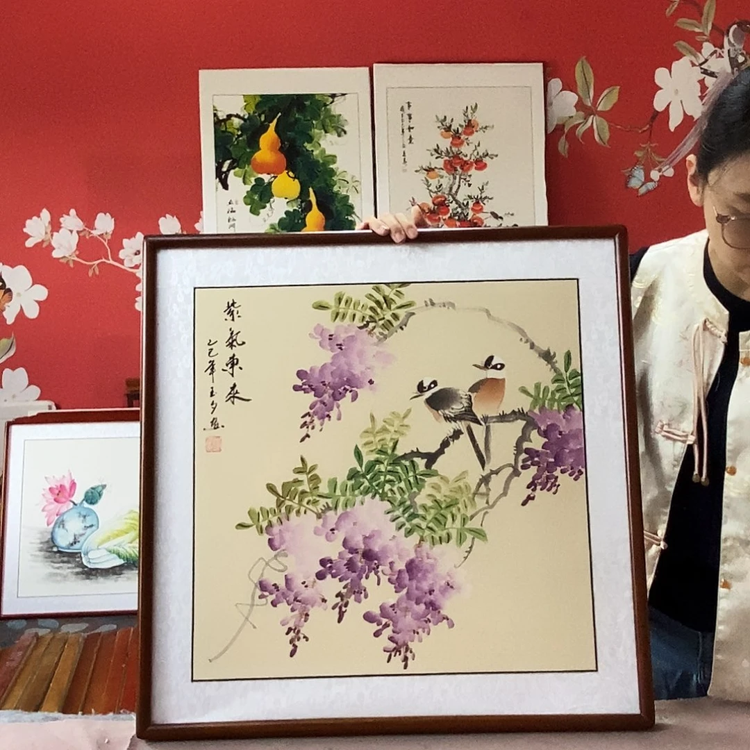 国画手写手绘国画作品带框包邮62✖️62