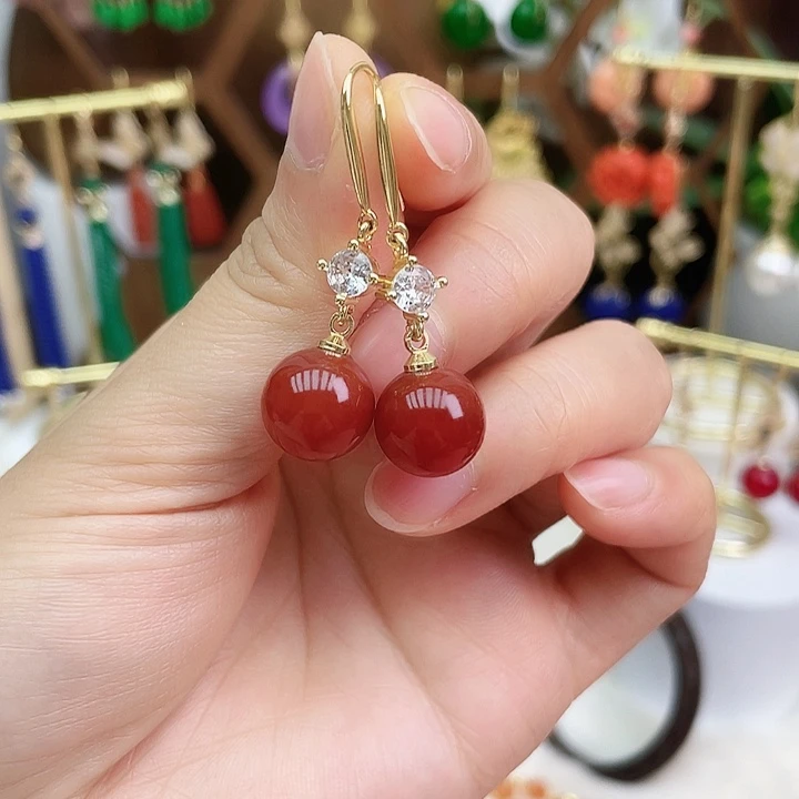 玛瑙/玉髓耳钉合金红短