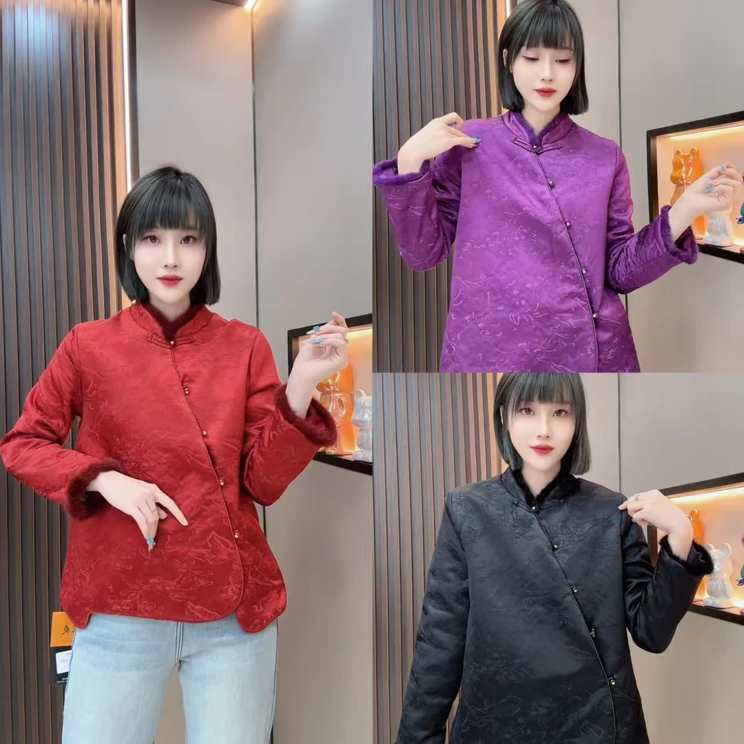 敏宝＋6892一排扣斜襟立领棉衣提花厚款上衣民族风女装新中式