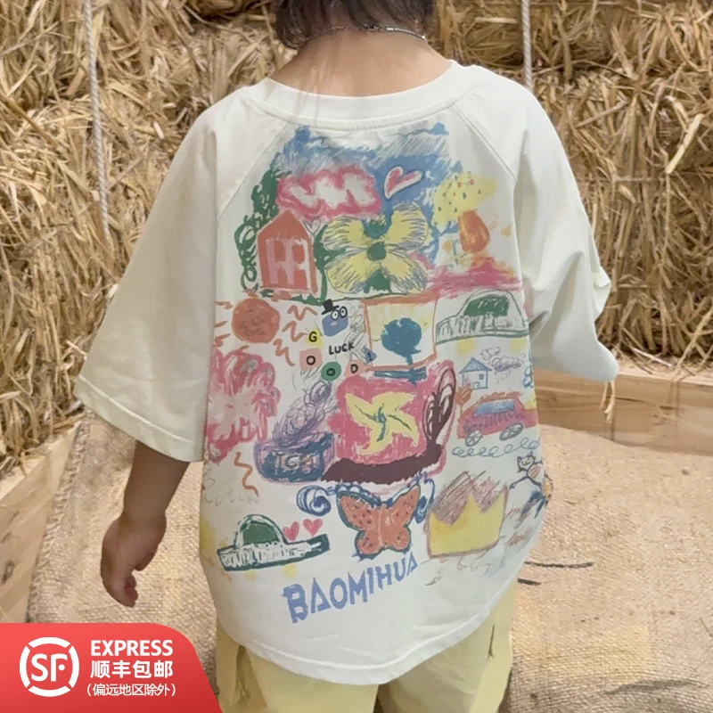 253128儿童夏款宽松百搭洋气时尚印花圆领短袖T恤