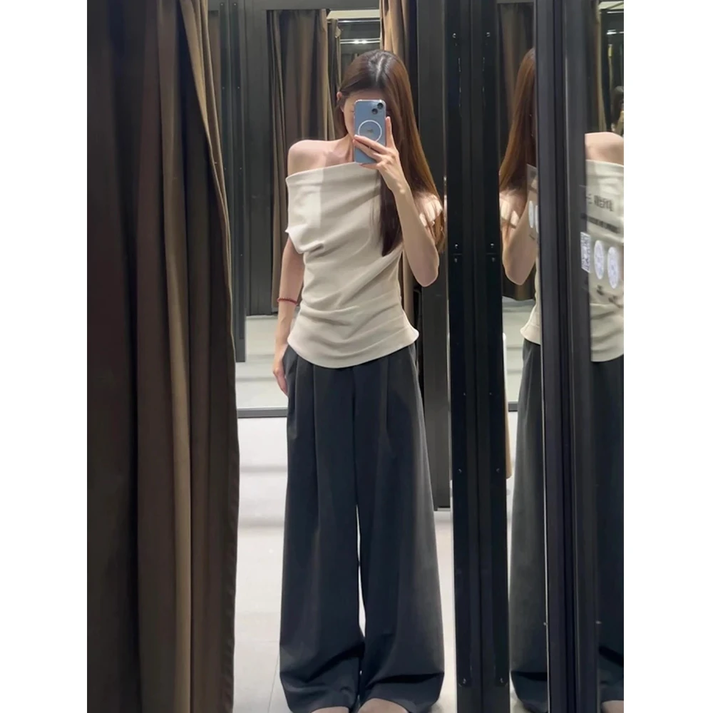 2025夏季款韩系通勤简约穿搭设置过斜肩短袖T恤高腰阔腿裤两件套