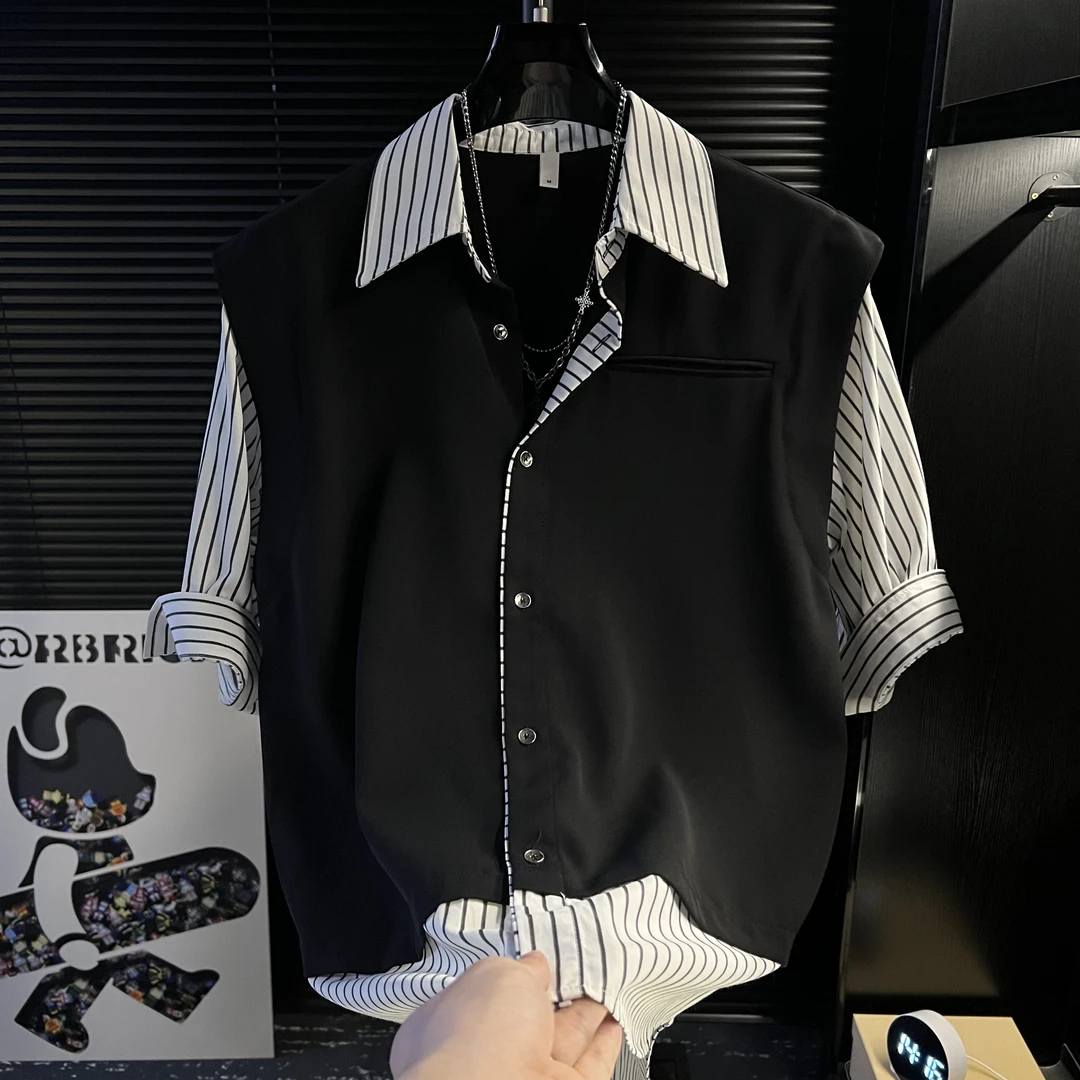 dan-2025夏季新款拼接条纹衬衫男宽松百搭高级感