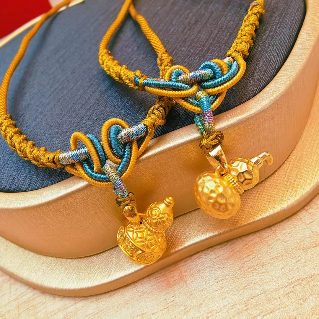 75#足金999 黄金日进斗金葫芦 手工编绳