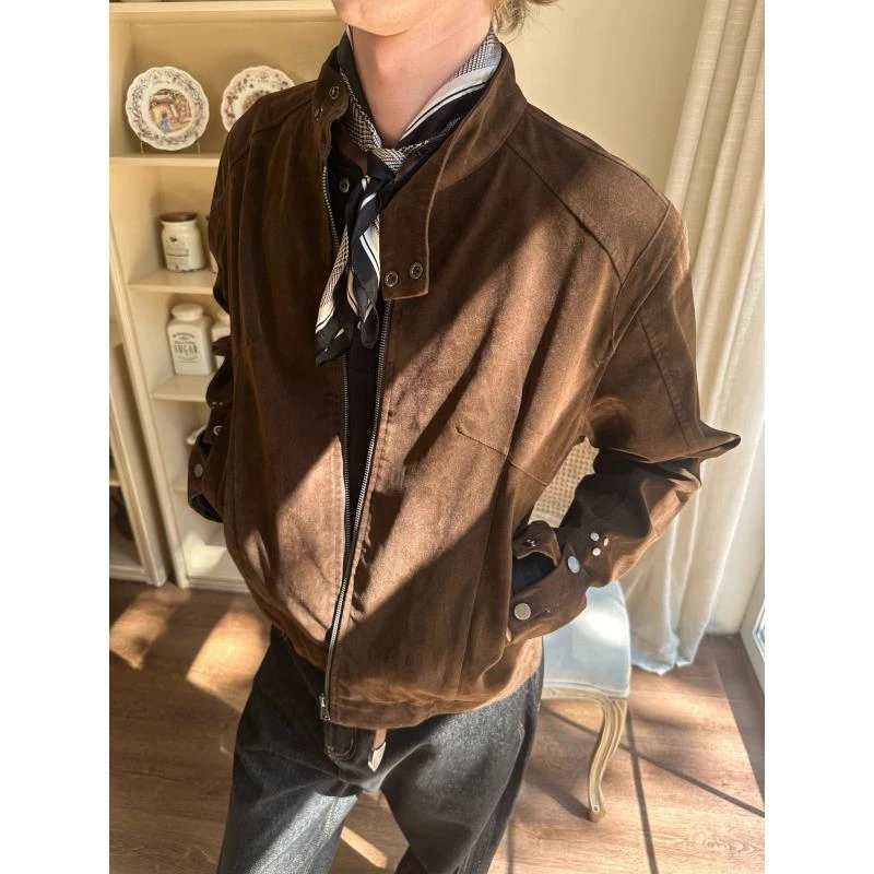 【EME】秋季新款”摩登年代“复古绒皮工艺立领哈灵顿夹克外套