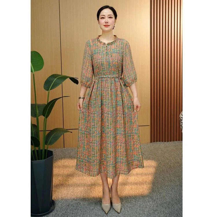 洋气收腰显瘦连衣裙2025夏季新款Z气质中老年妈妈大码七分袖长裙