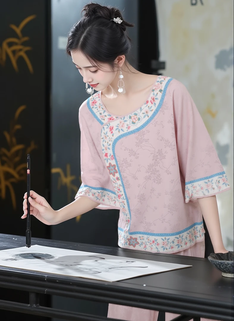 2025新款夏季国风宽松女复古銮金汉服休闲印花日常中式睡衣家居服